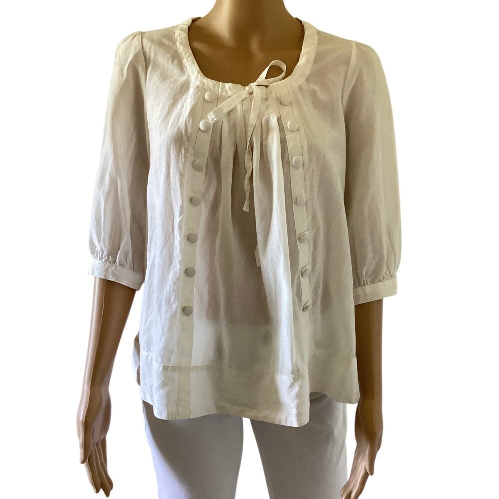 Forever 21 white blouse button front details cinch  neckline 3/4 sleeves.